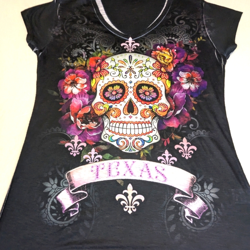 Texas Candy Skull Bling Sweet Gisele Day Of The Dead Sparkle Black Blouse XXL